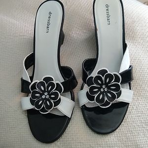 Black and white wedge heels